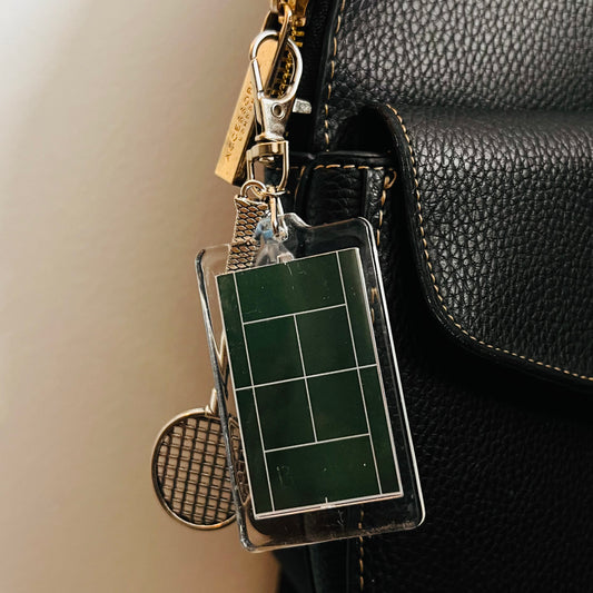 Badminton Racket & Shuttlecock Bag Charm, silver badminton racket and shuttlecock charm with an acrylic court panel