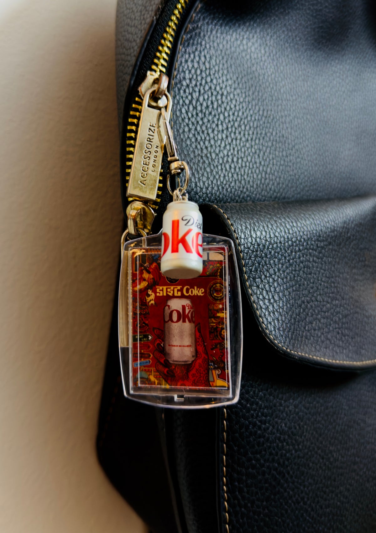 Desi Diet Coke Bag Charm, mini Diet Coke can charm with a desi pop-art panel
