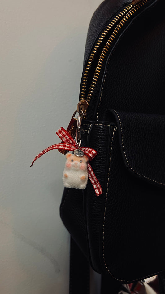 Furry hamster bag charm with a red gingham bow (view 2)