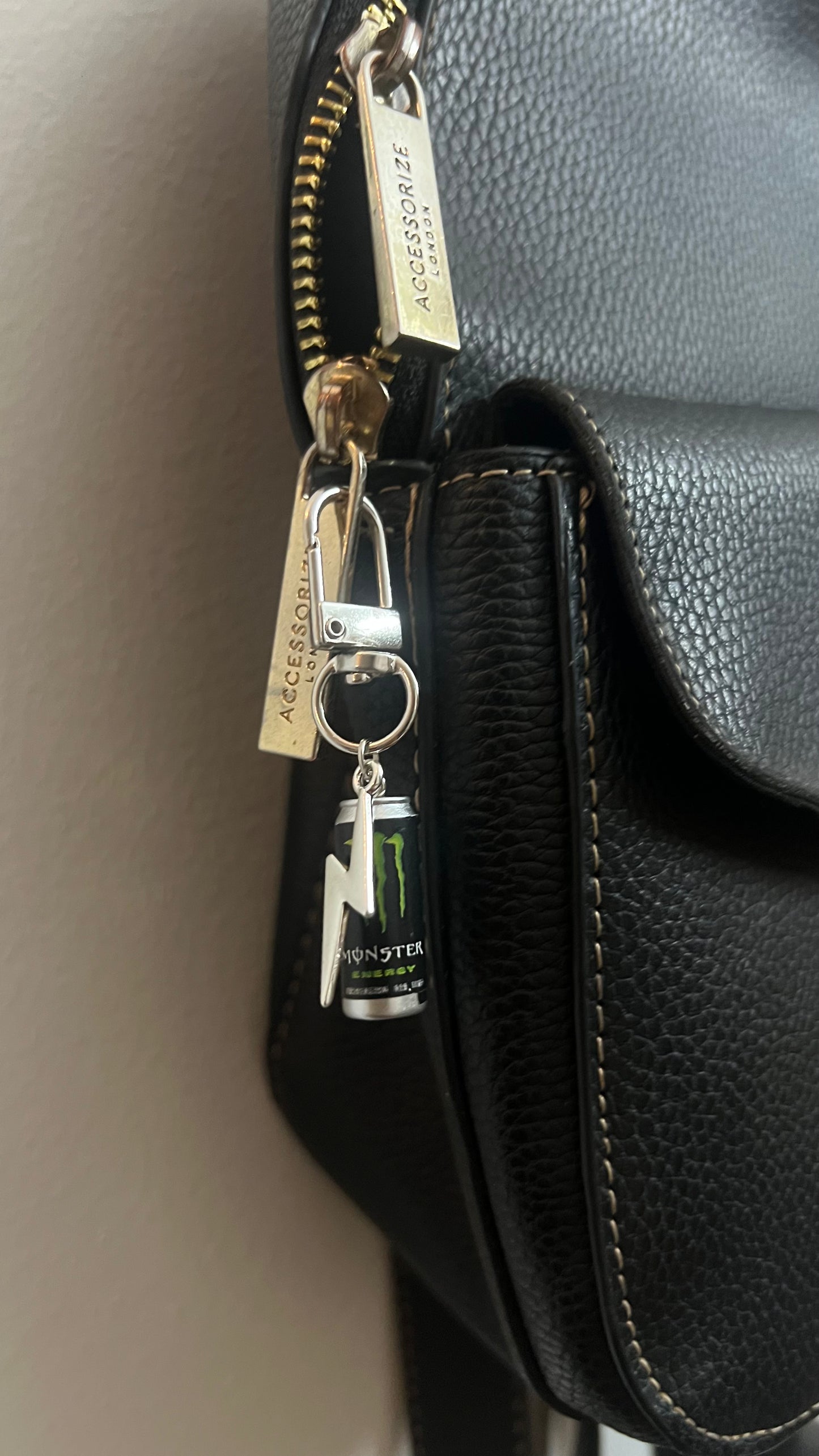 Monster Energy Can & Lightning Bolt Bag Charm, mini energy drink can charm with a silver lightning bolt