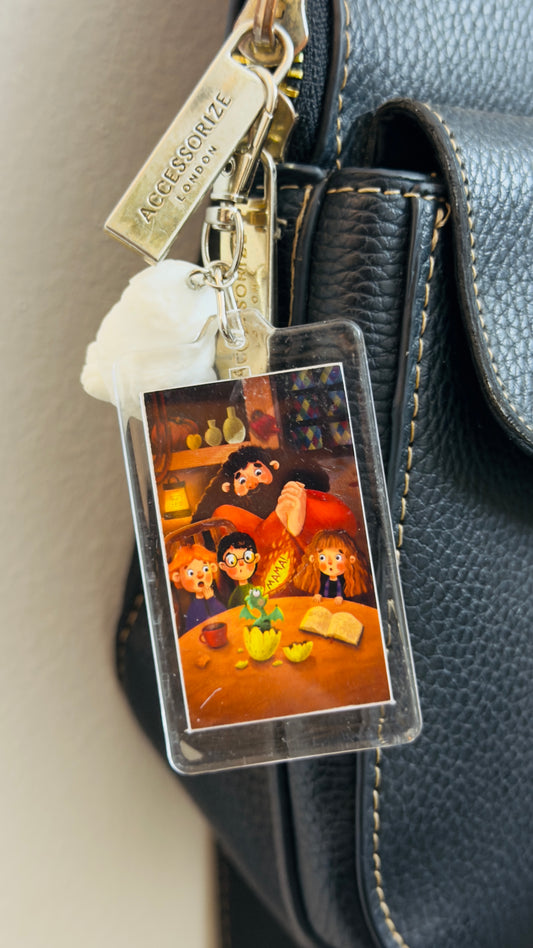 Hedwig & Norbert Bag Charm, snowy owl and baby dragon charm on an acrylic panel