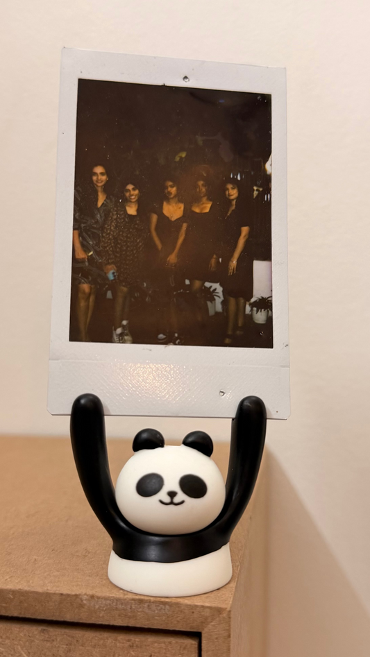 Panda Photo Holder, black and white panda holding a polaroid up in its raised arms