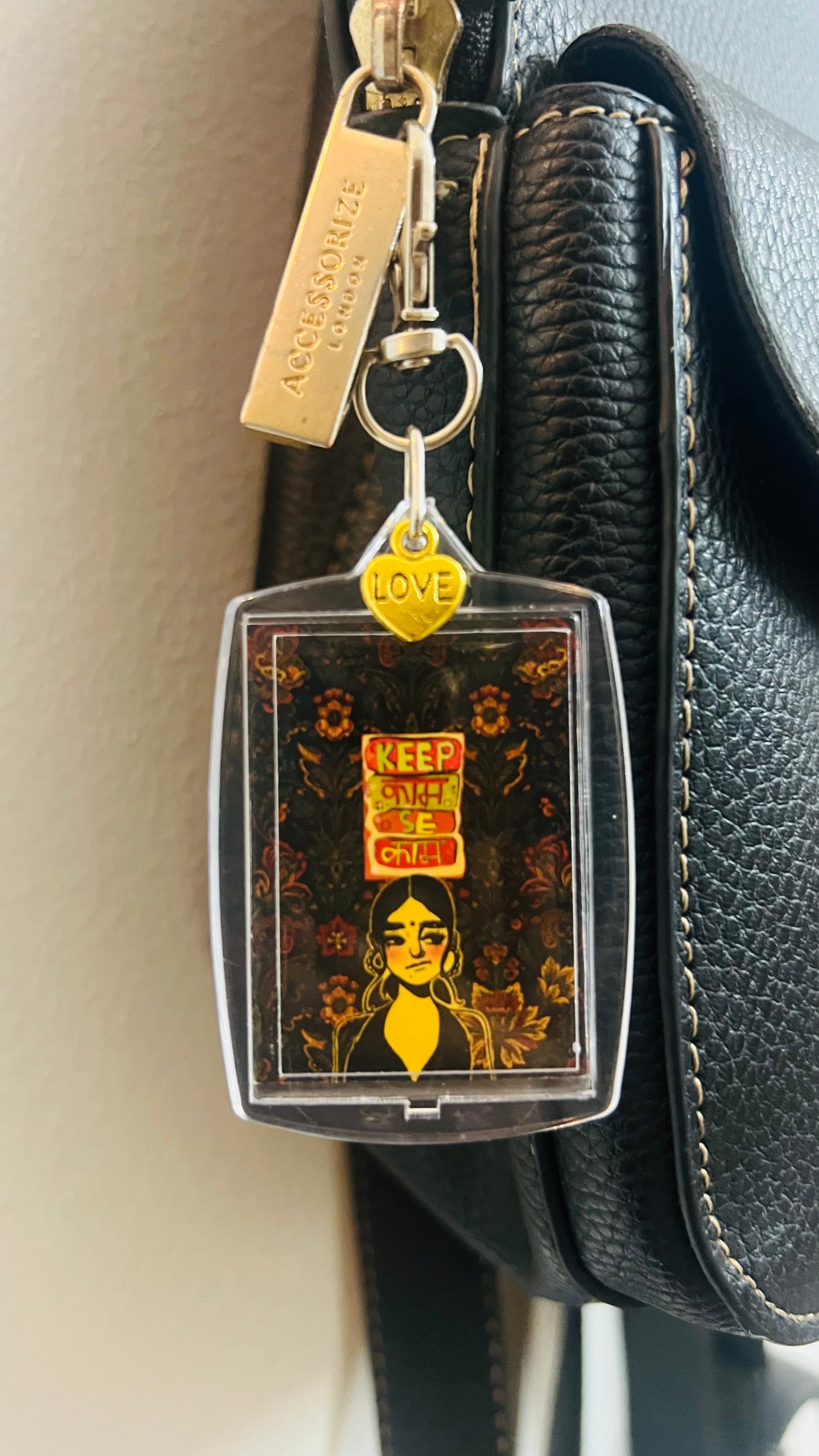 Keep Kaam Se Kaam Bag Charm, desi art panel bag charm with Hinglish typography