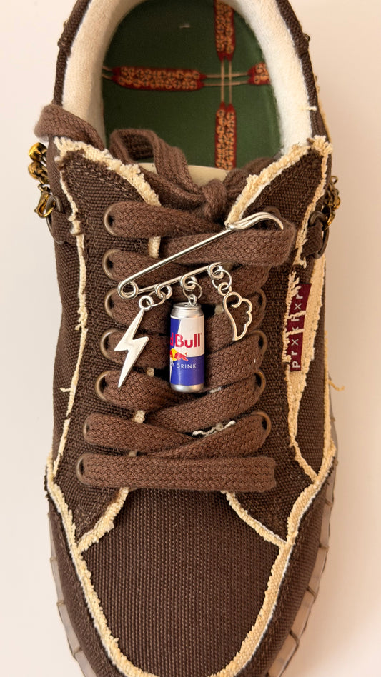 Red Bull Gives You Wings, silver brooch pin with lightning bolt, Red Bull can and angel wing charms