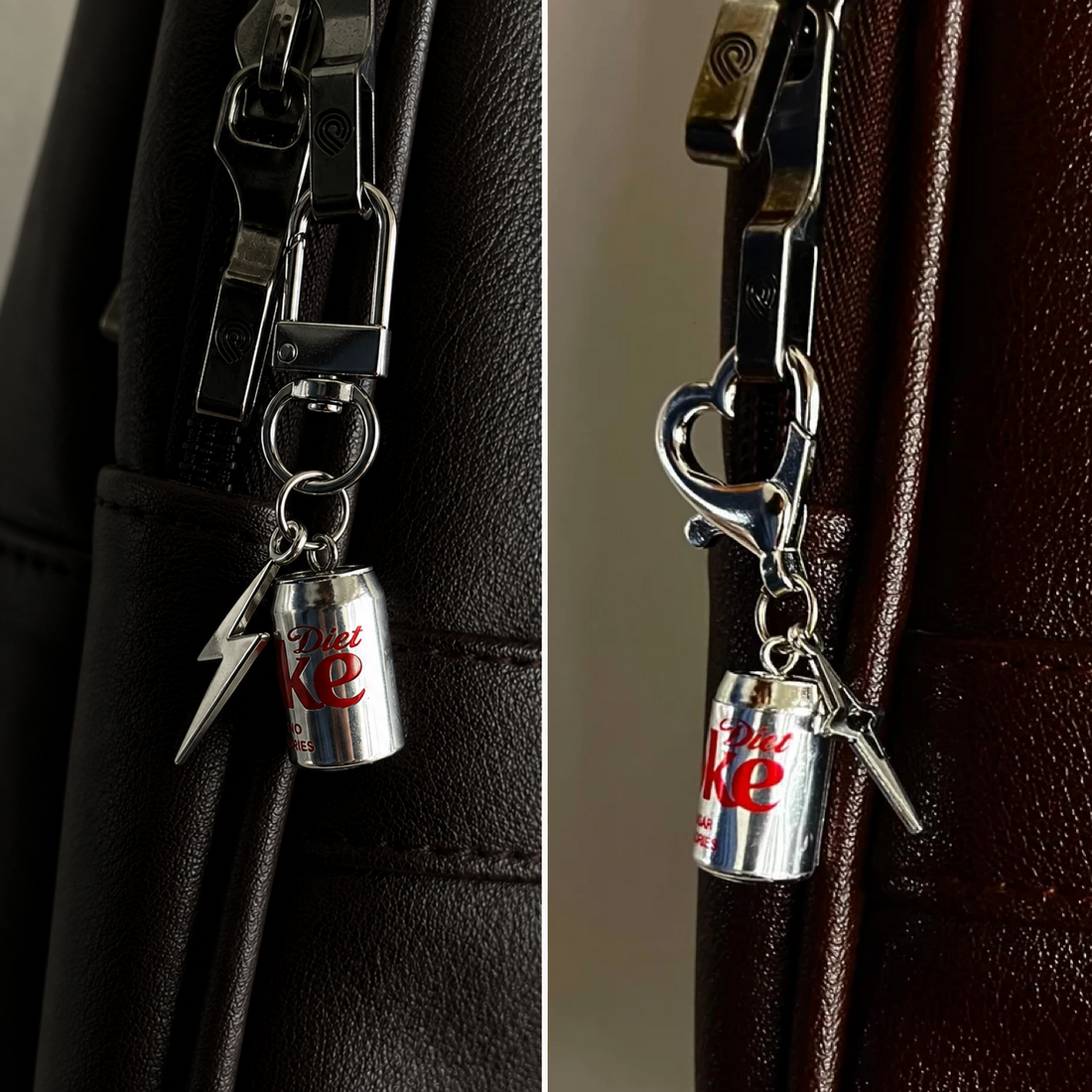 Diet Coke bag charm attached to a black and brown leather bag, showing the charm and premium metal clasp