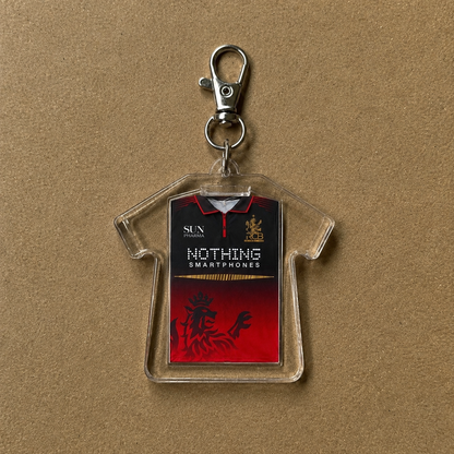 Acrylic RCB cricket jersey keychain in red and black with lobster clasp