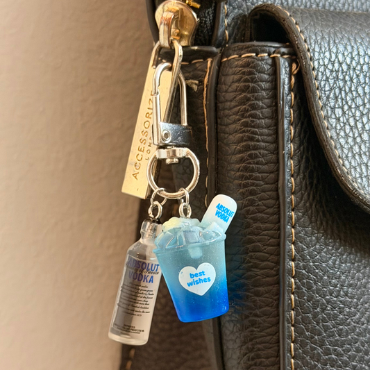 Absolut Bottle Bag Charm, miniature clear vodka bottle charm clipped to a bag