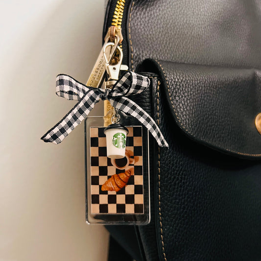 Acrylic Americano & Croissant Checkerboard Bag Charm with Starbucks Cup