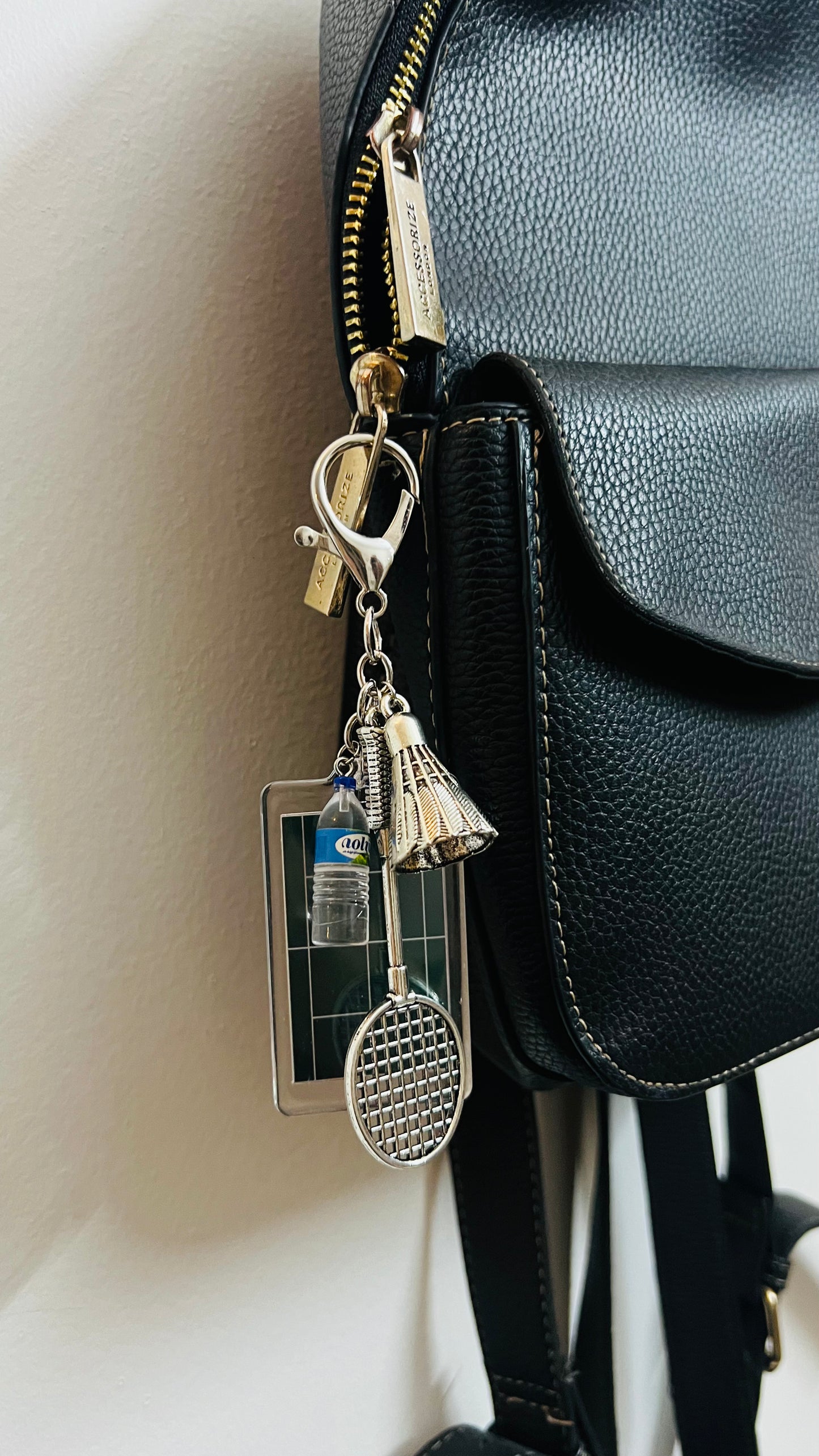 Badminton Racket & Shuttlecock Bag Charm, silver badminton racket and shuttlecock charm with an acrylic court panel