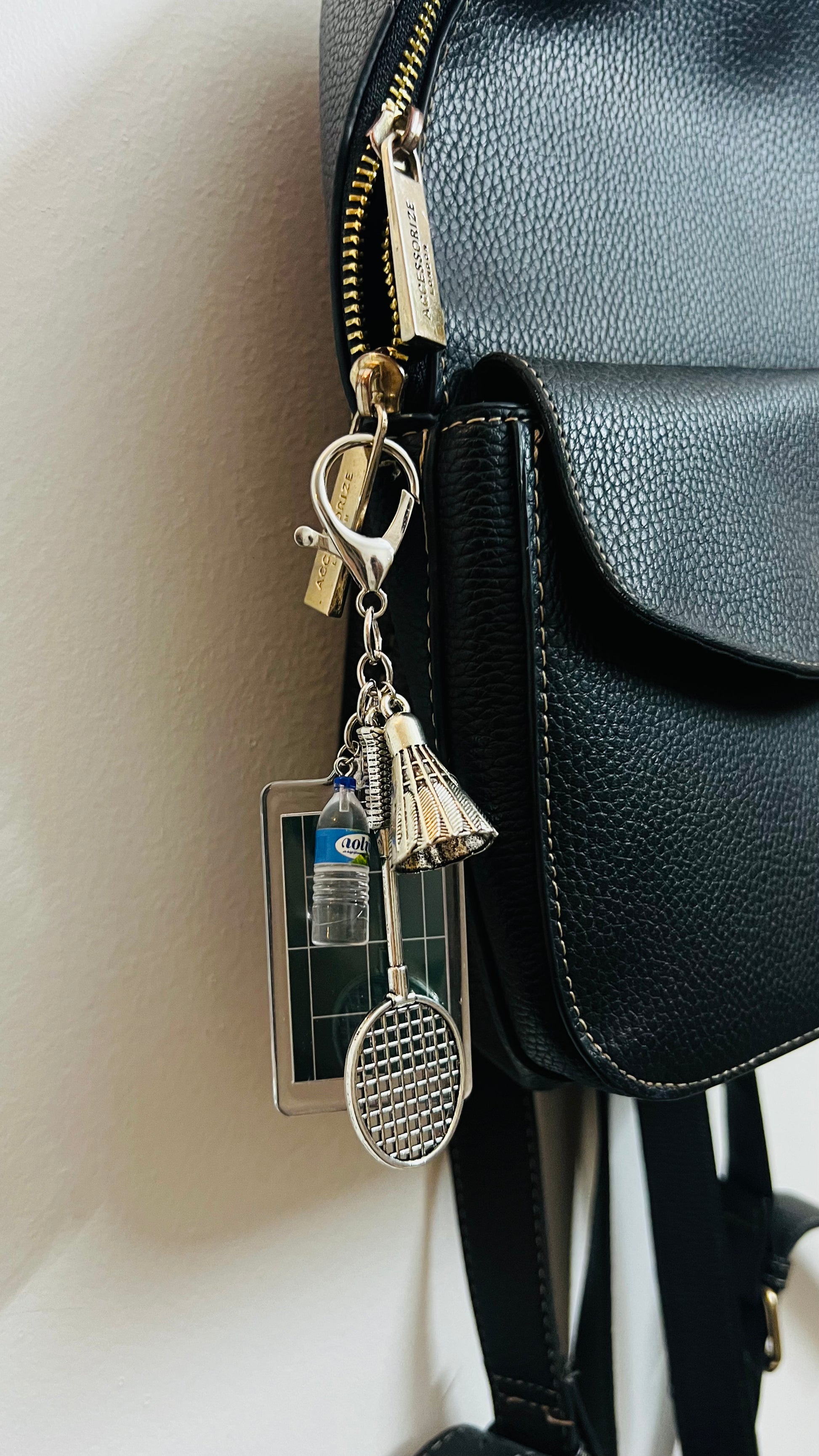 Badminton Racket & Shuttlecock Bag Charm, silver badminton racket and shuttlecock charm with an acrylic court panel