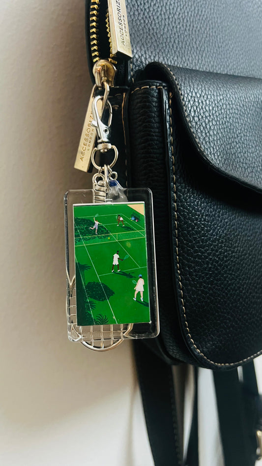 Tennis Court & Racket Bag Charm, silver tennis racket charm with an acrylic tennis court panel