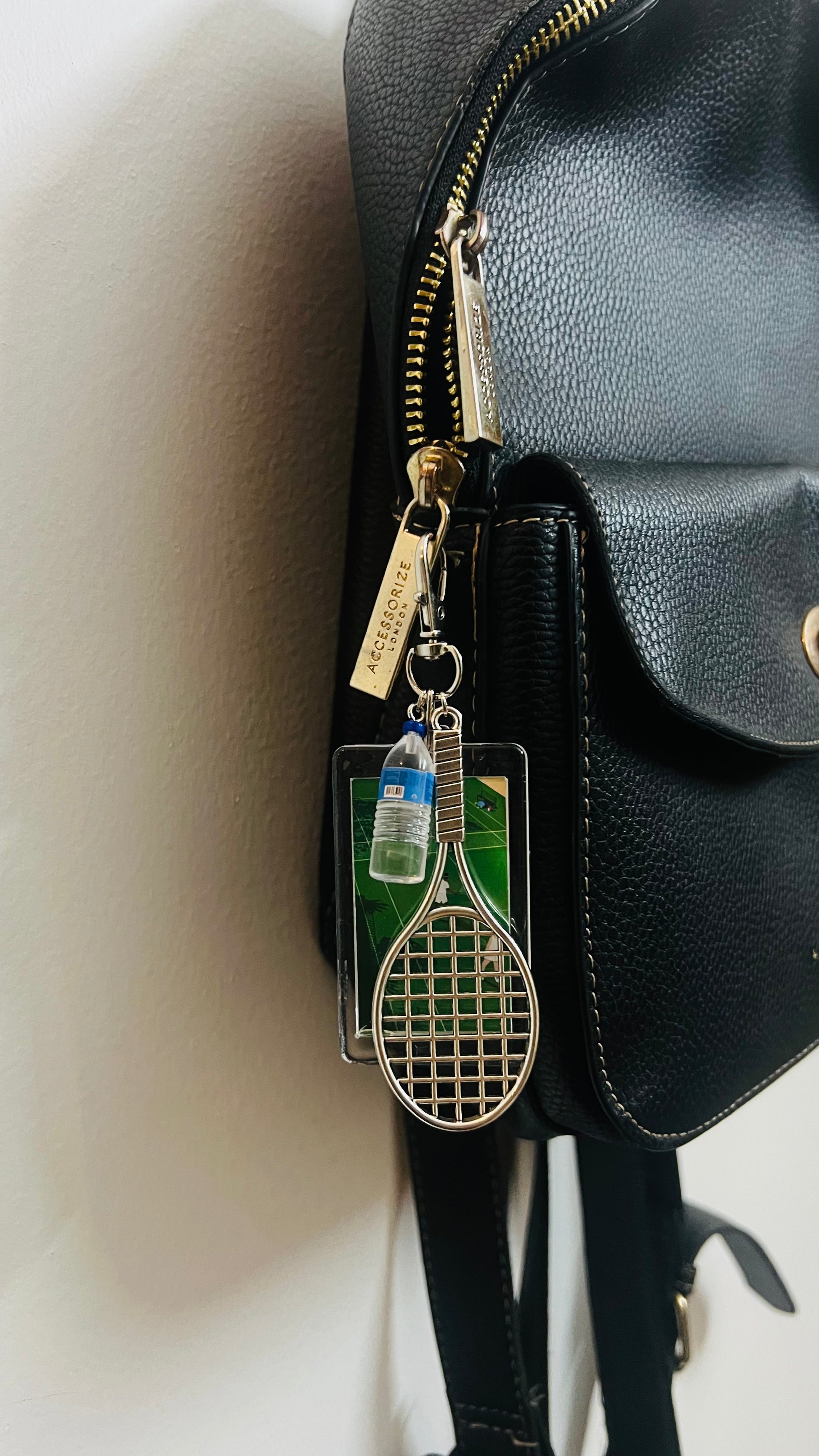Tennis Court & Racket Bag Charm, silver tennis racket charm with an acrylic tennis court panel