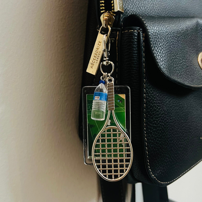 Tennis Court & Racket Bag Charm, silver tennis racket charm with an acrylic tennis court panel