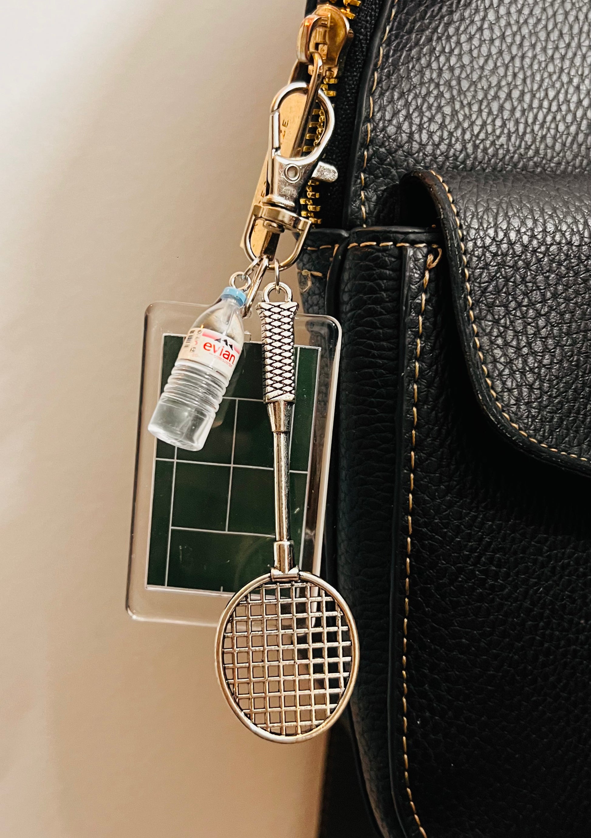 Acrylic Badminton Court Bag Charm with Racket & Evian Bottle — view 2