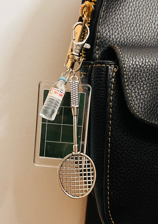 Acrylic Badminton Court Bag Charm with Racket & Evian Bottle — view 2