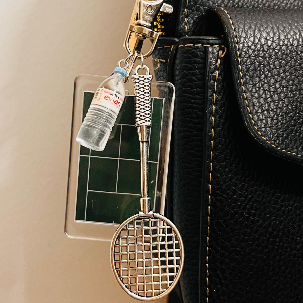 Acrylic Badminton Court Bag Charm with Racket & Evian Bottle