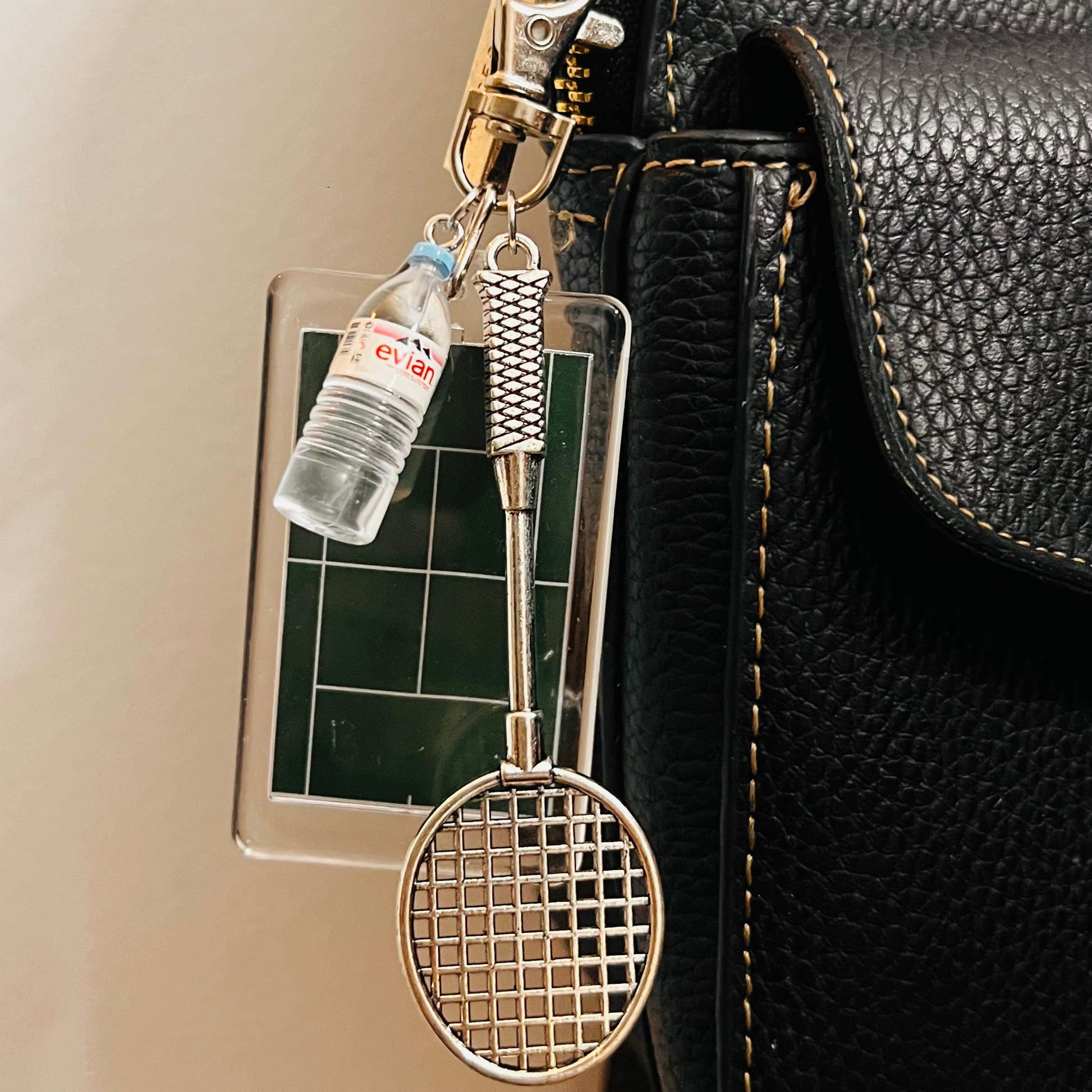 Acrylic Badminton Court Bag Charm with Racket & Evian Bottle