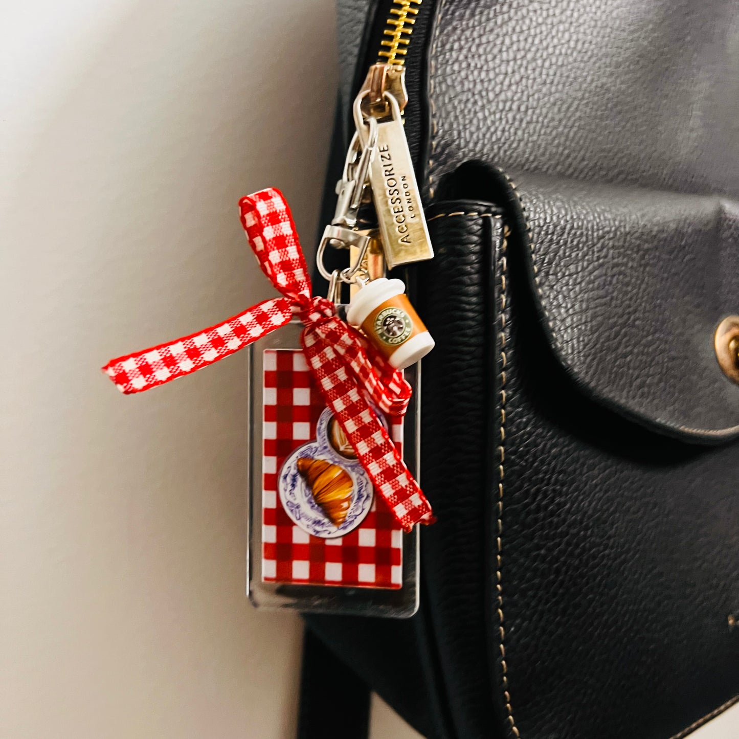 Acrylic Coffee & Croissant Gingham Bag Charm with Starbucks Cup