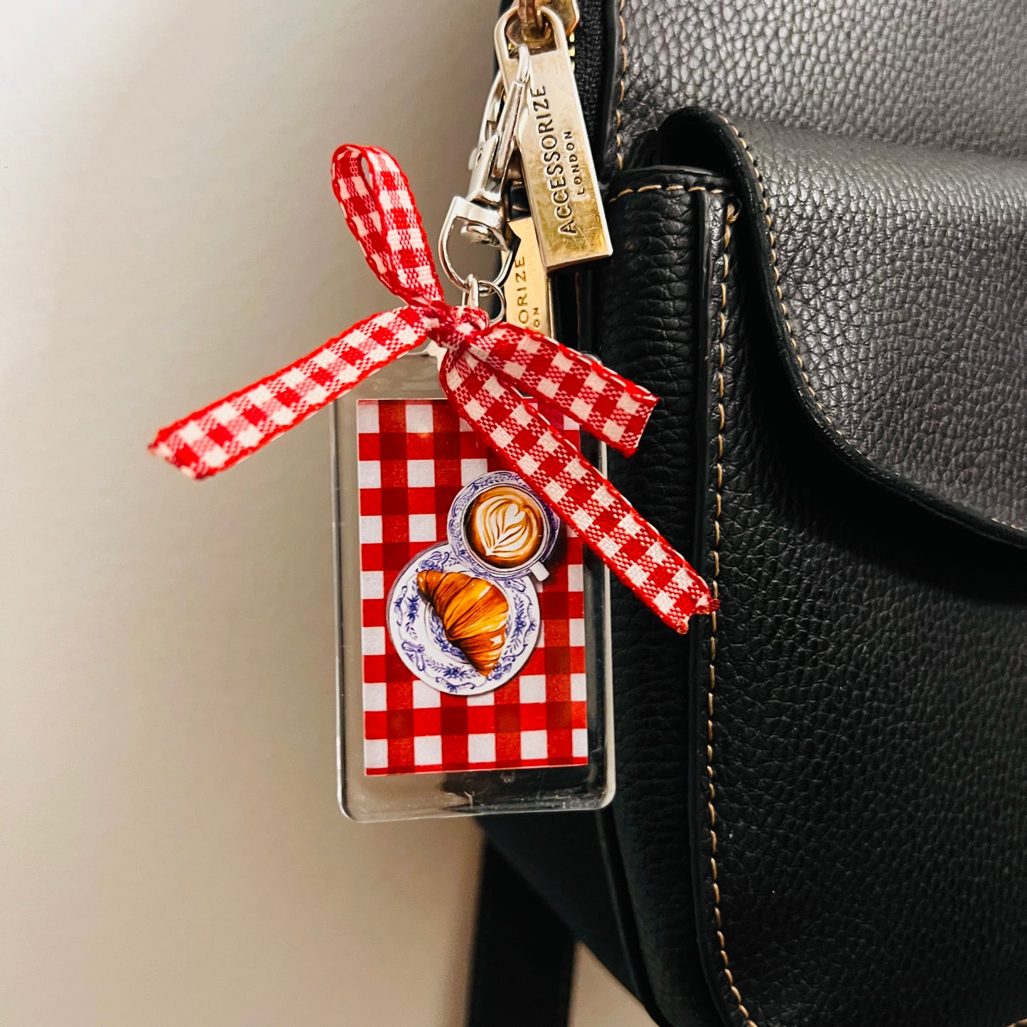 Acrylic Coffee & Croissant Gingham Bag Charm with Starbucks Cup — view 2