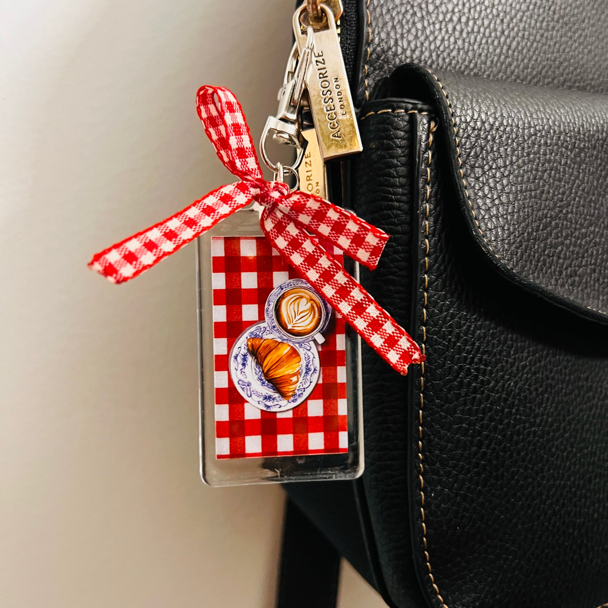 Acrylic Coffee & Croissant Gingham Bag Charm with Starbucks Cup — view 2