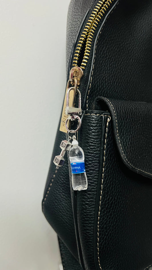 Aquafina water bottle bag charm with a silver dumbbell charm (view 2)
