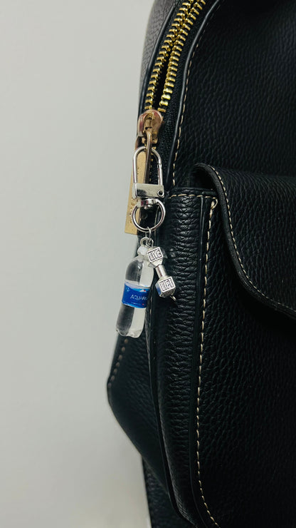 Aquafina water bottle bag charm with a silver dumbbell charm (view 3)