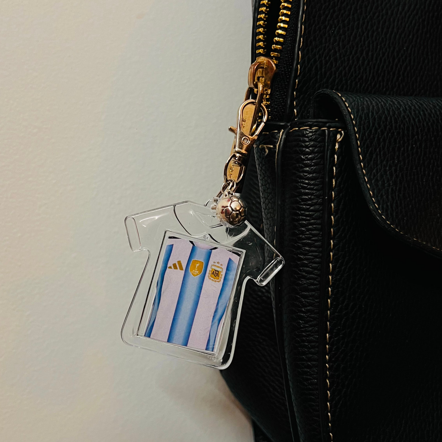 Argentina football jersey acrylic bag charm with a football bead