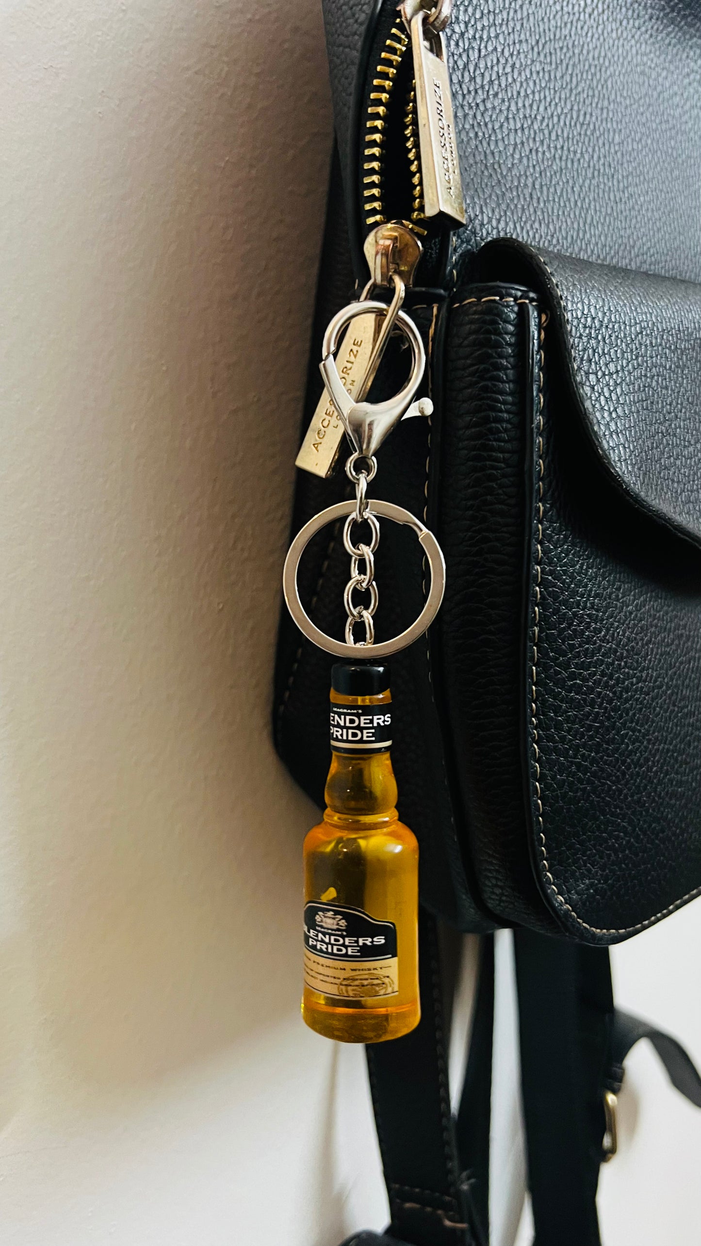 Blenders Pride Bottle Keychain, miniature whisky bottle keychain on a keyring