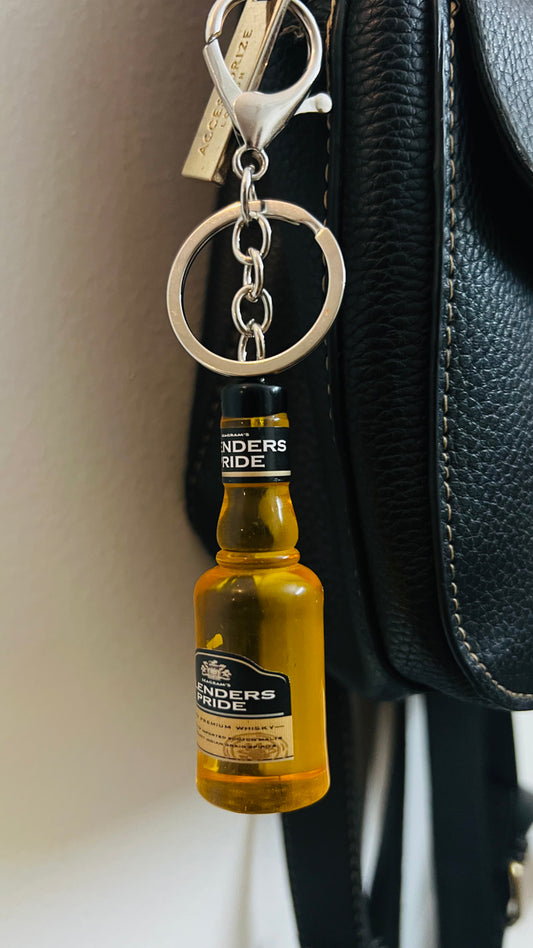 Blenders Pride Bottle Keychain, miniature whisky bottle keychain on a keyring