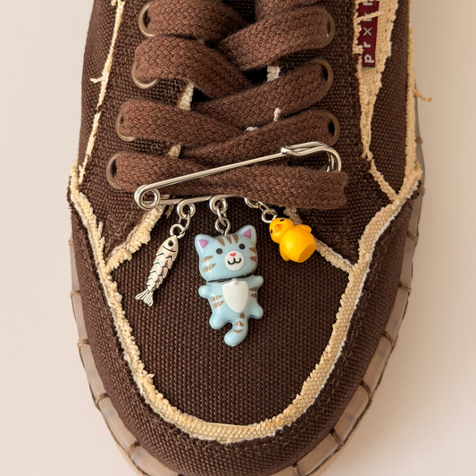 Blue Cat Charm, silver brooch pin with fish, blue tabby kitten and yellow chick charms