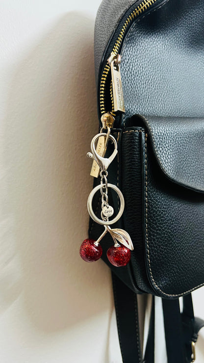 Glitter Cherry Keychain, pair of red glitter cherry charms on a keyring