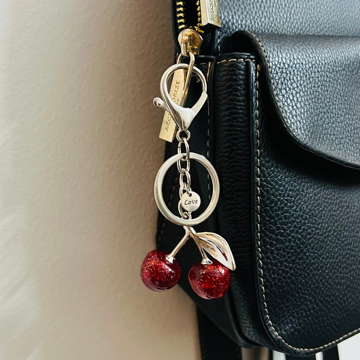 Glitter Cherry Keychain, pair of red glitter cherry charms on a keyring