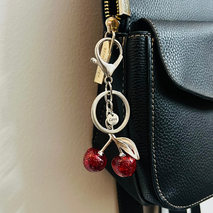 Glitter Cherry Keychain, pair of red glitter cherry charms on a keyring