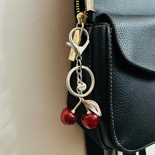 Glitter Cherry Keychain, pair of red glitter cherry charms on a keyring