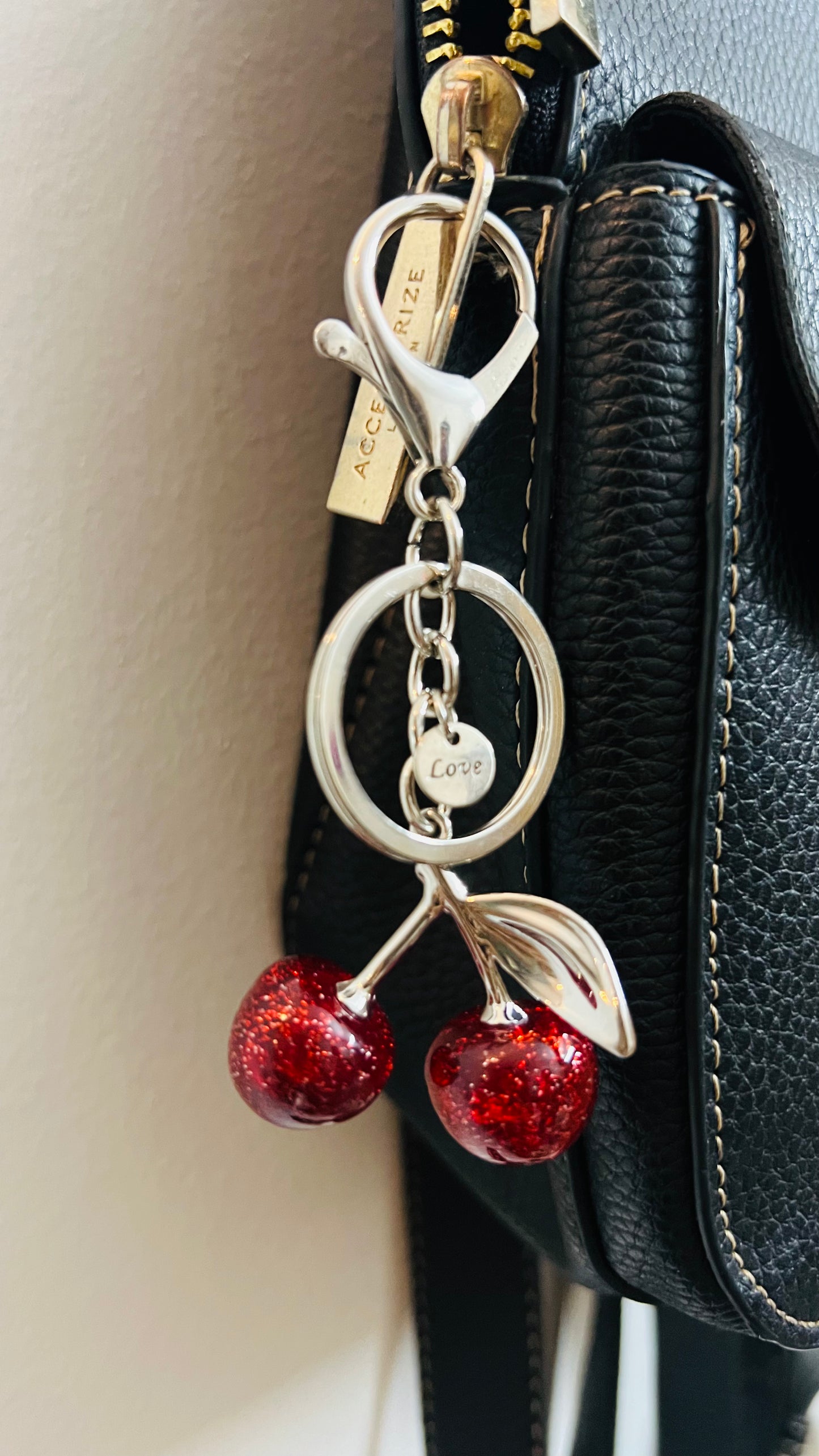 Glitter Cherry Keychain, pair of red glitter cherry charms on a keyring