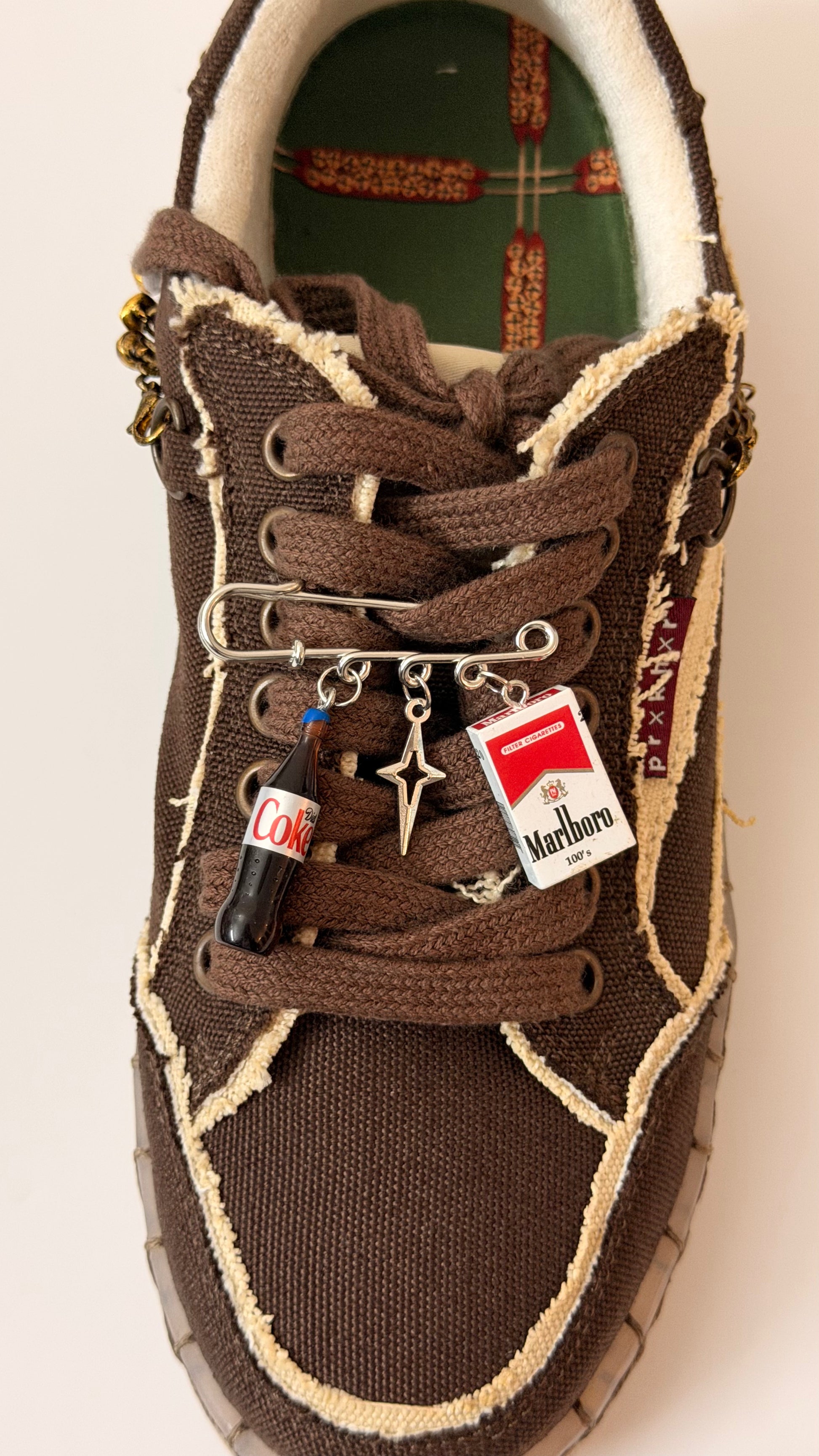 Coke & Smoke, silver brooch pin with Diet Coke bottle, star and Marlboro pack charms