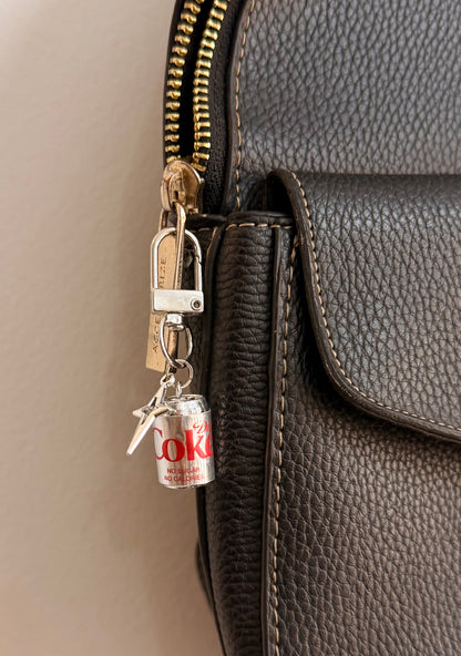 Metallic Diet Coke Star Bling D-Hook Bag Charm, silver Diet Coke can with a silver star charm on a D-hook clasp