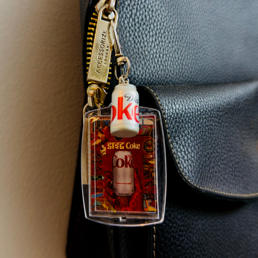 Desi Diet Coke Bag Charm, mini Diet Coke can charm with a desi pop-art panel