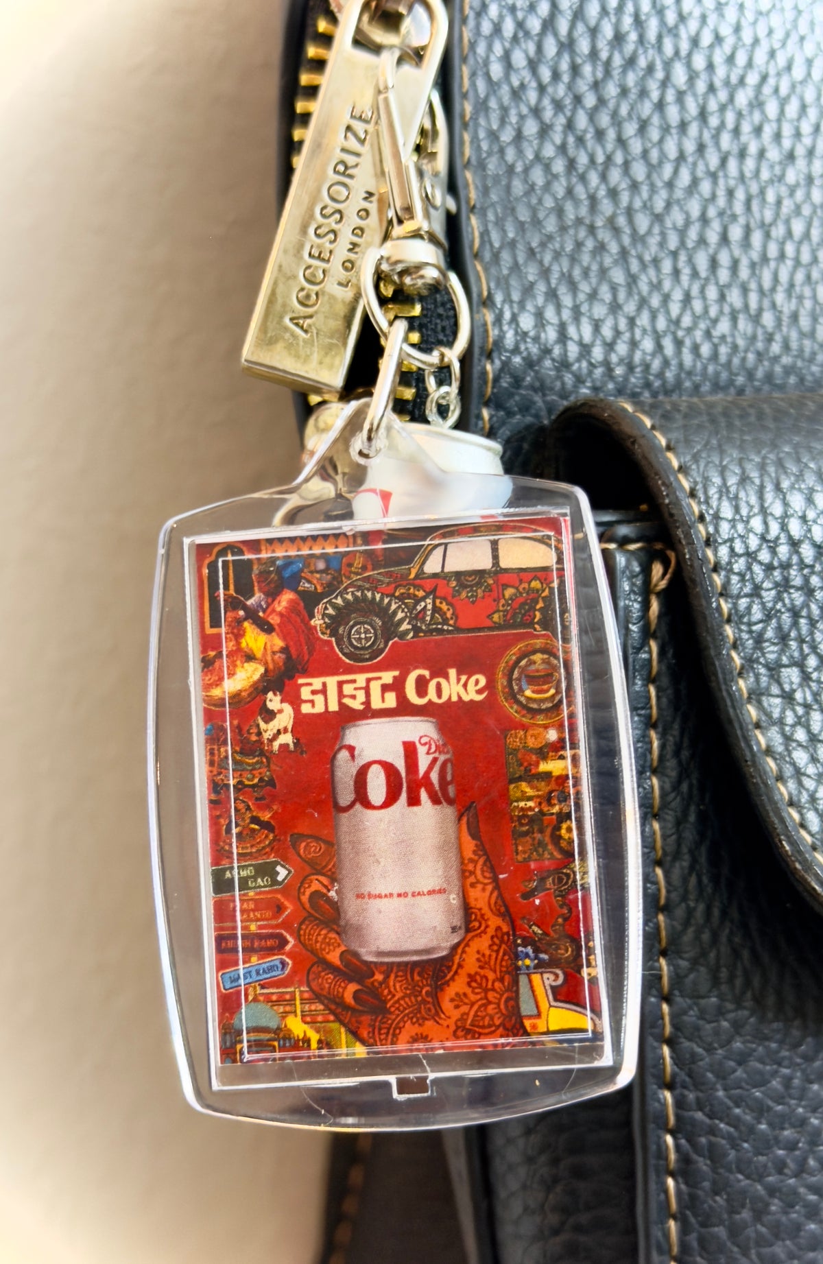 Desi Diet Coke Bag Charm, mini Diet Coke can charm with a desi pop-art panel
