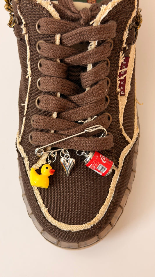 Ducky on Duty, silver brooch pin with rubber duck, silver heart and Coca-Cola can charms