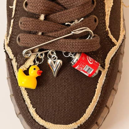 Ducky on Duty, silver brooch pin with rubber duck, silver heart and Coca-Cola can charms