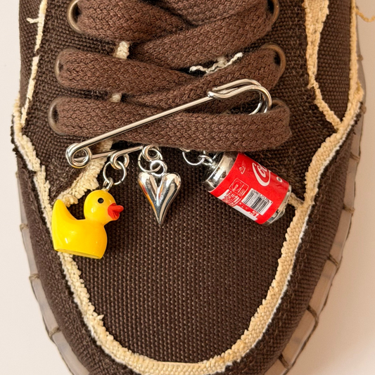 Ducky on Duty, silver brooch pin with rubber duck, silver heart and Coca-Cola can charms