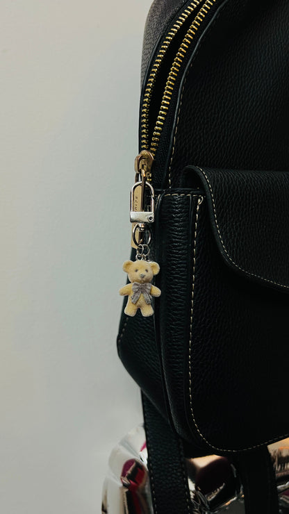 Furry brown teddy bear bag charm with a bow and a heart charm (view 2)