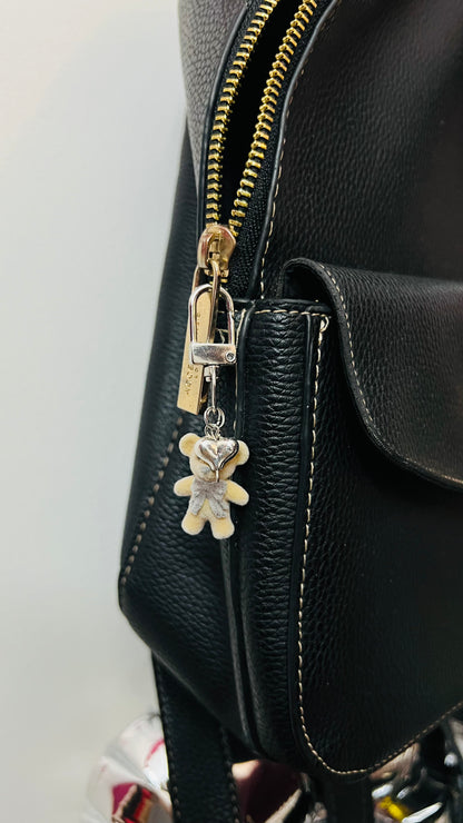 Furry brown teddy bear bag charm with a bow and a heart charm (view 3)