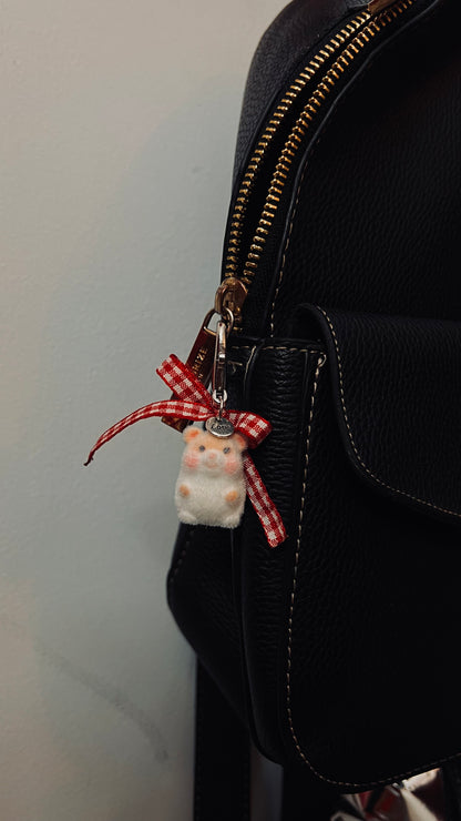Furry hamster bag charm with a red gingham bow (view 2)