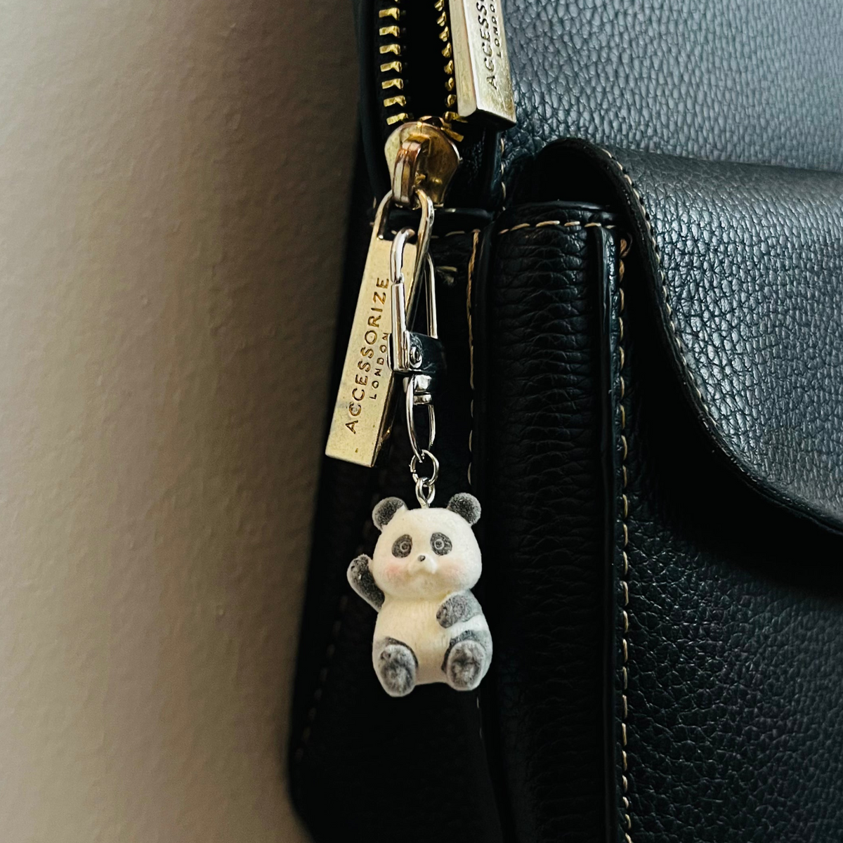 Furry Panda Bag Charm, cute panda figure charm clipped to a bag