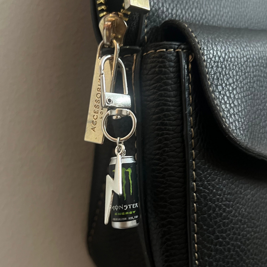 Monster Energy Can & Lightning Bolt Bag Charm, mini energy drink can charm with a silver lightning bolt