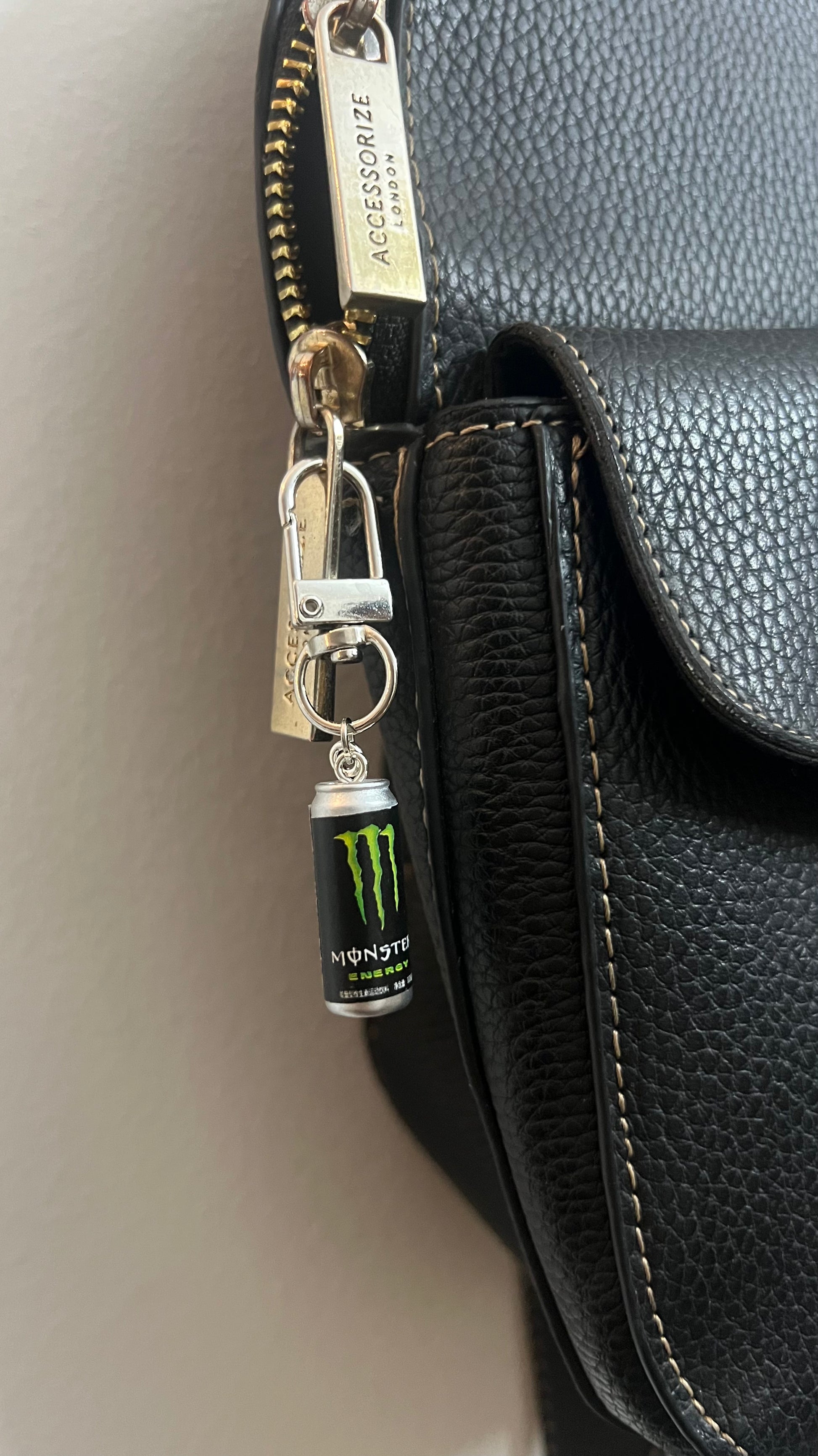Monster Energy Can & Lightning Bolt Bag Charm, mini energy drink can charm with a silver lightning bolt