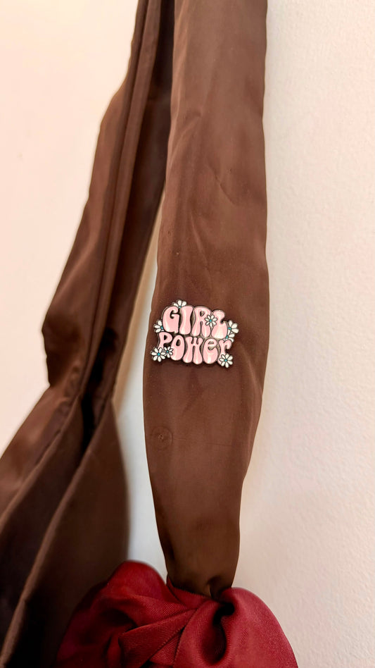 Her Era Enamel Pin, Girl Power in pink retro bubble letters with white daisies