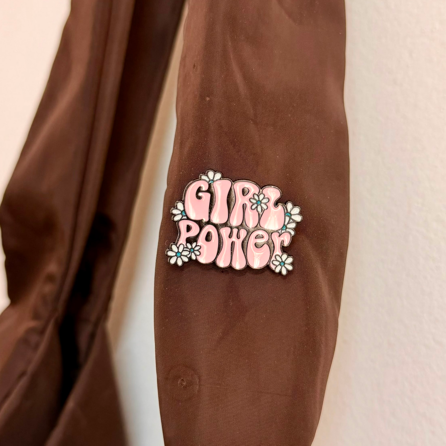 Her Era Enamel Pin, Girl Power in pink retro bubble letters with white daisies